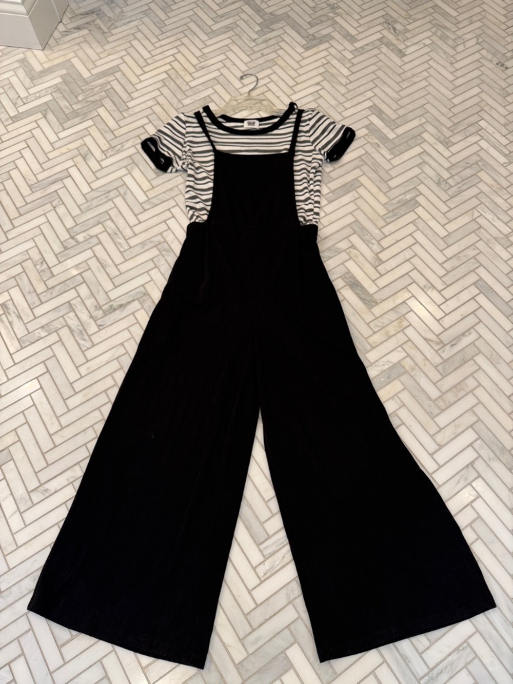 Black cropped Wide-Leg jumpsuit with Striped Tee- 2 pieces